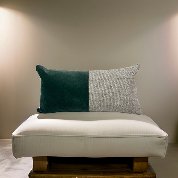 Midcentury Pillow in Green Velvet & Light Gray Woven Textile