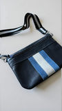 Black Leather Sling Bag – Metallic & Blue Suede Stripe