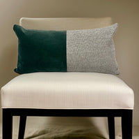 Midcentury Pillow in Green Velvet & Light Gray Woven Textile