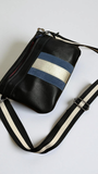 Black Leather Sling Bag – Metallic & Blue Suede Stripe